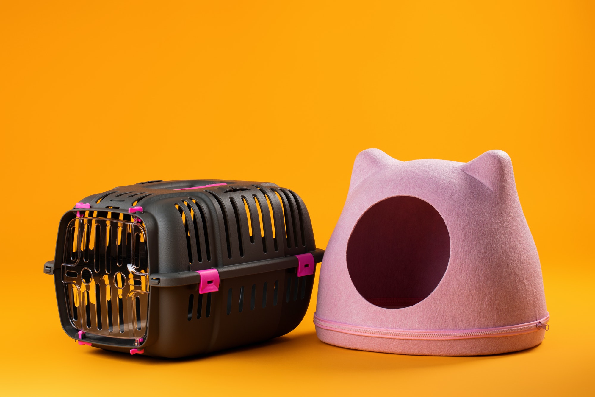 Cat house and animal carrier cage close up