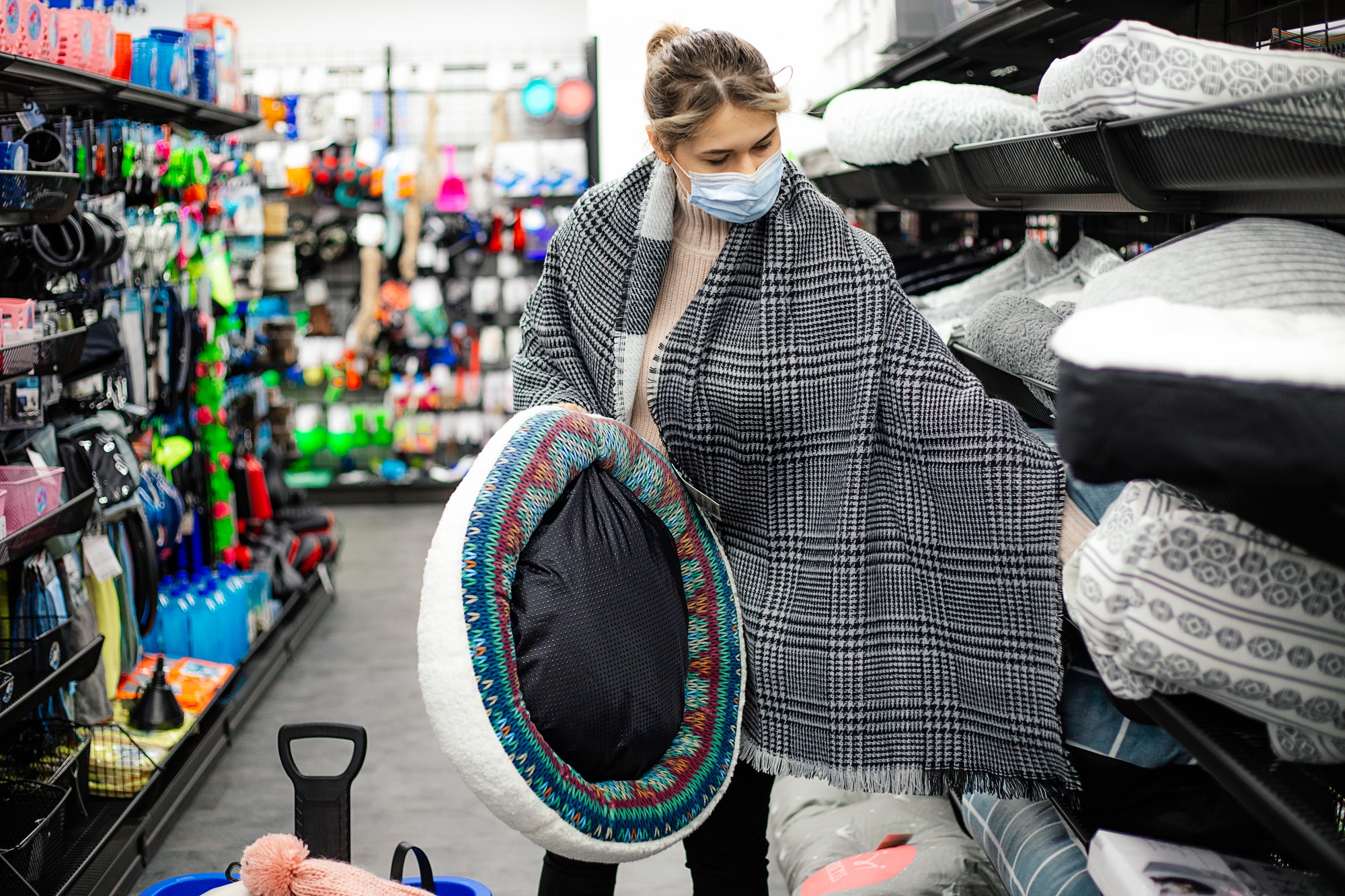 Woman choosing dog cat bed for pet, gift for mammal, shopping mall, pet shop department